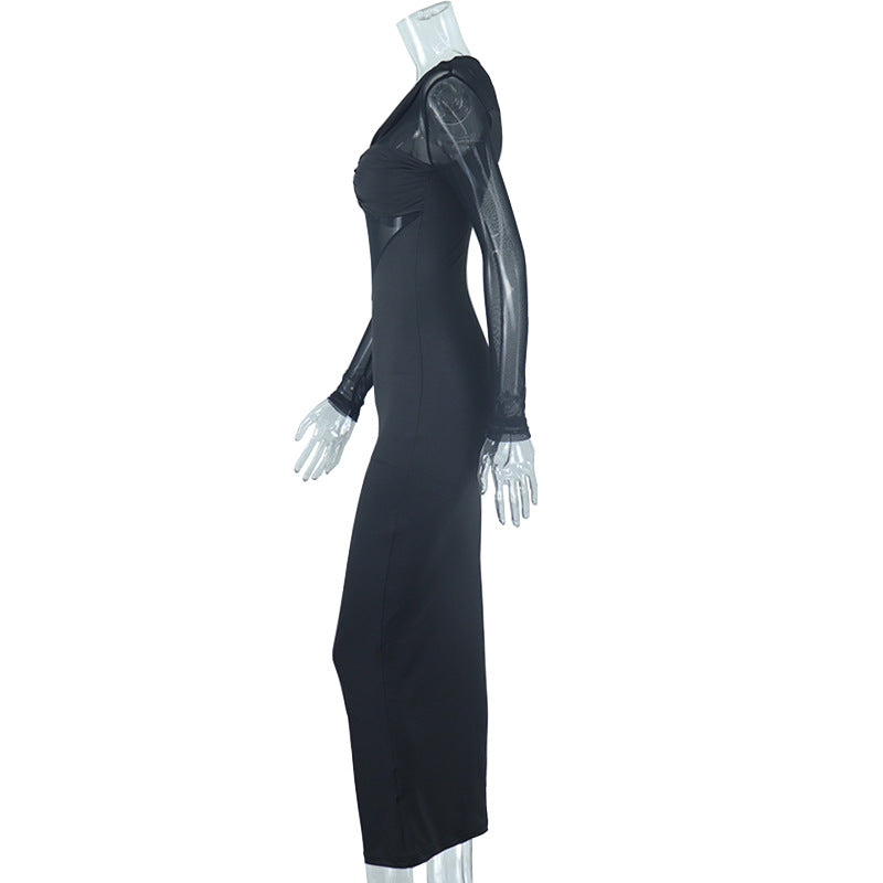Mesh Patchwork Long Sleeve Bodycon Dress GJYO 297666