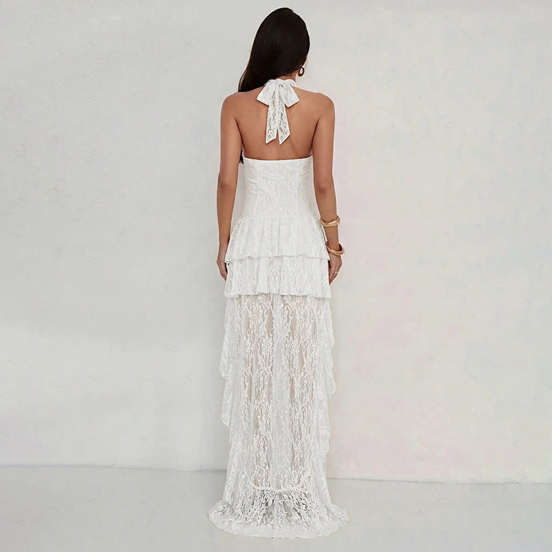 Lace Patchwork Halterneck Mini Dress GZJQ K6D13353A