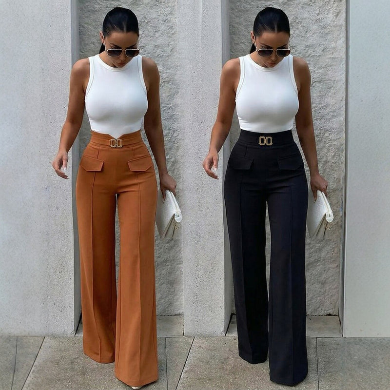 Metal Clasp Loose Straight Pants SH 391468