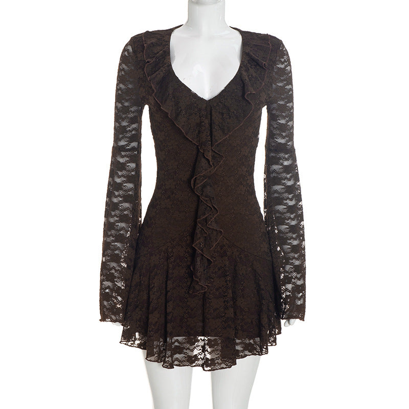 Solid Color Lace Ruffles Mini Dress GSZM D26DS266
