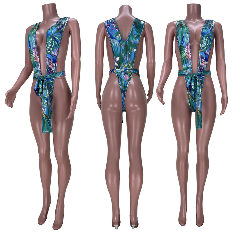 Sexy Floral Print Deep V One Piece Swimsuit MDF 5214
