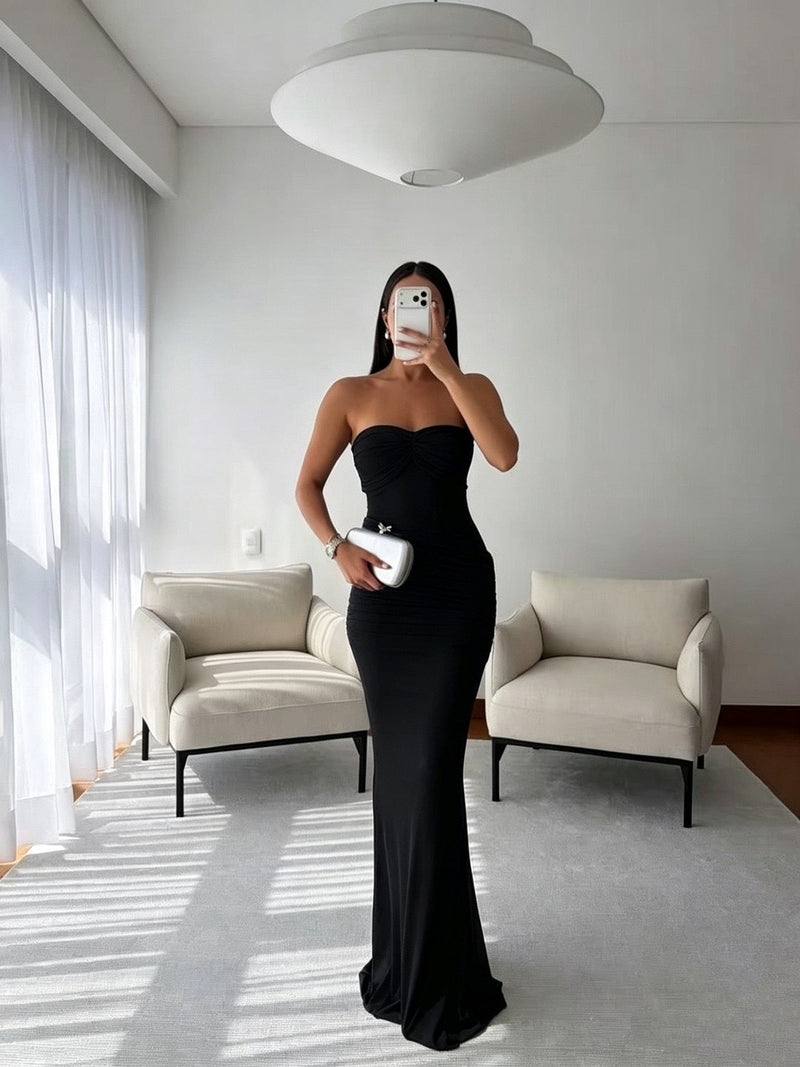 Mesh Ruched Solid Color Evening Dress GMYU 11534
