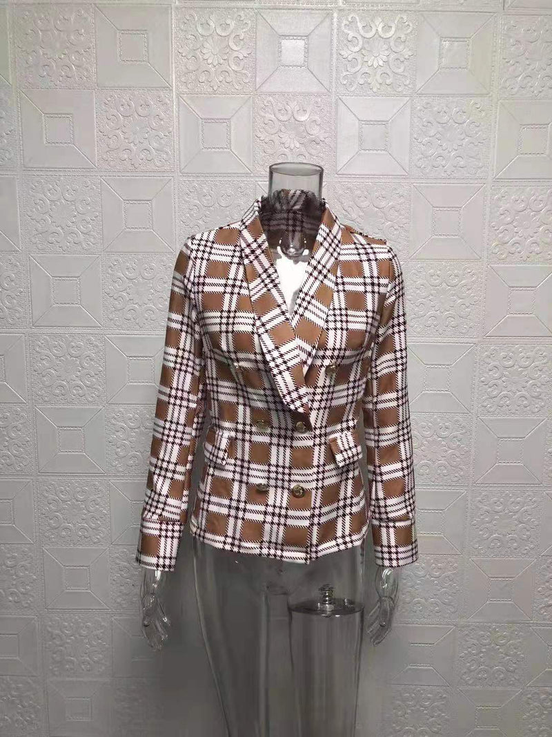 Plus Size Long Sleeve Plaid Print Blazer Coat GWTC W0273