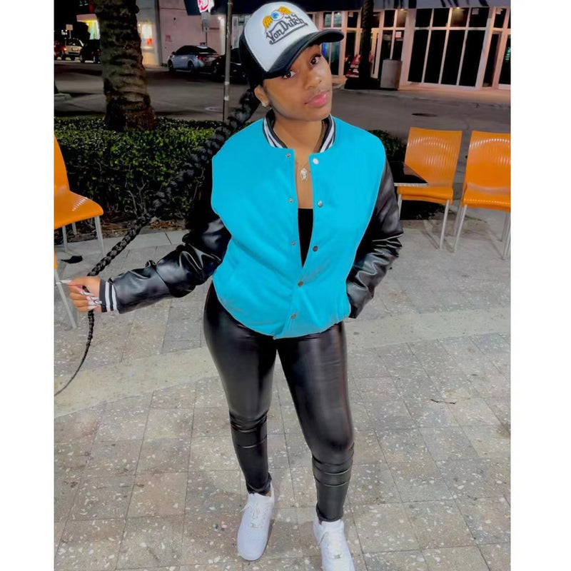 Fashion Color Block Leather Sleeve Baseball Jacket WMEF 20036