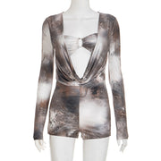 Ink Wash Dye Printed Long Sleeve Romper GSZM D25RP386