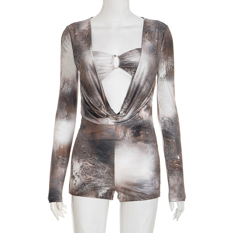 Ink Wash Dye Printed Long Sleeve Romper GSZM D25RP386