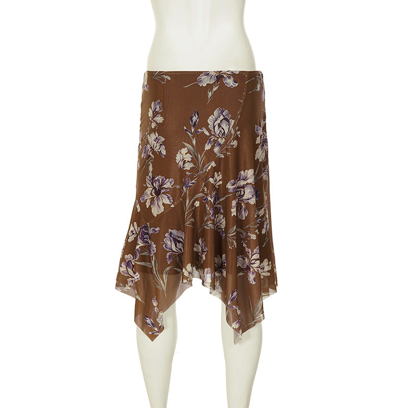 Printed Mesh Irregular Mid Skirt GPKJ MR49534