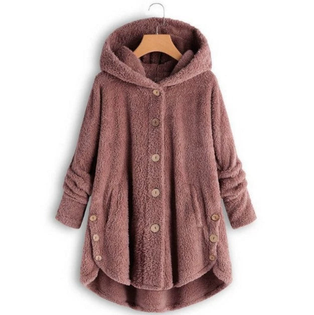 Plus Size Button Up Hooded Plush Solid Color Jacket GXHF 885236