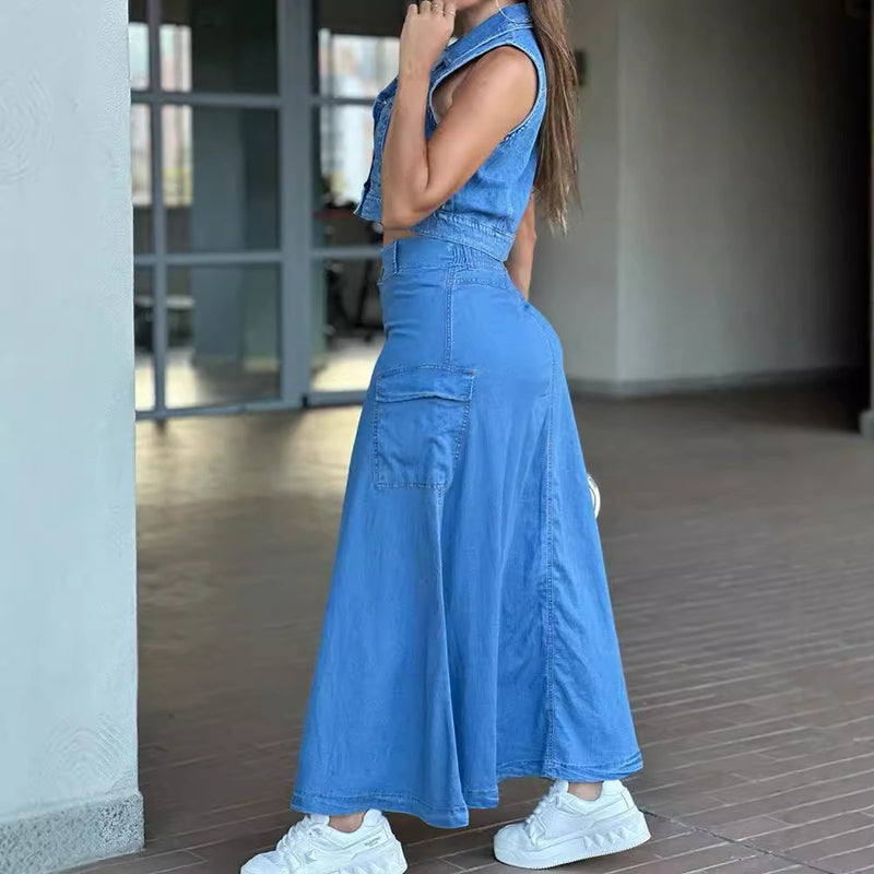 Single button Denim Long Skirt GAKF 40914