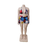 Plus Size Print Tie Up Backless Two Piece Shorts Set QYXZ 9942