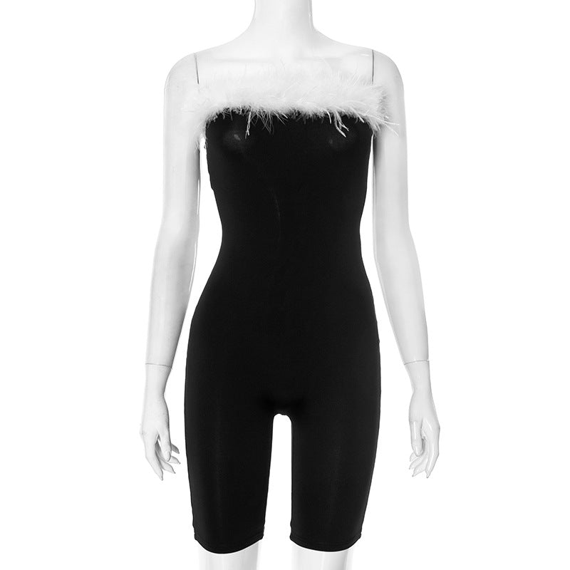 Color Block Hair Collar Wrap Skinny Romper GDSF D25RP067