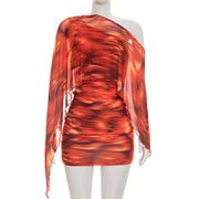 Print Slash Shoulder Ruched Mini Dress GDSF Q26DS032