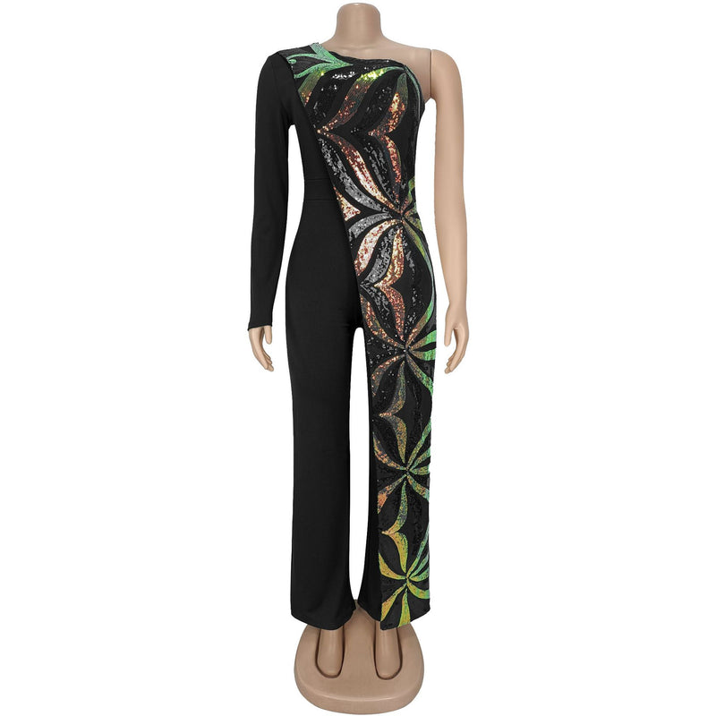 Single Shoulder Long Sleeve Sequin Jumpsuit BY 7301