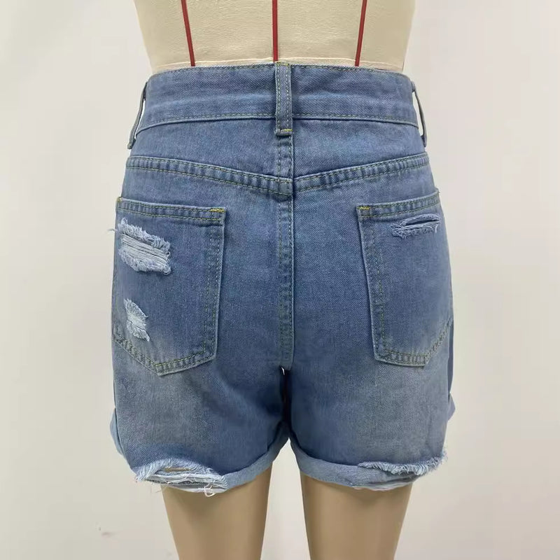 Washed Holes Straight Denim Shorts GSMF ZZP202509