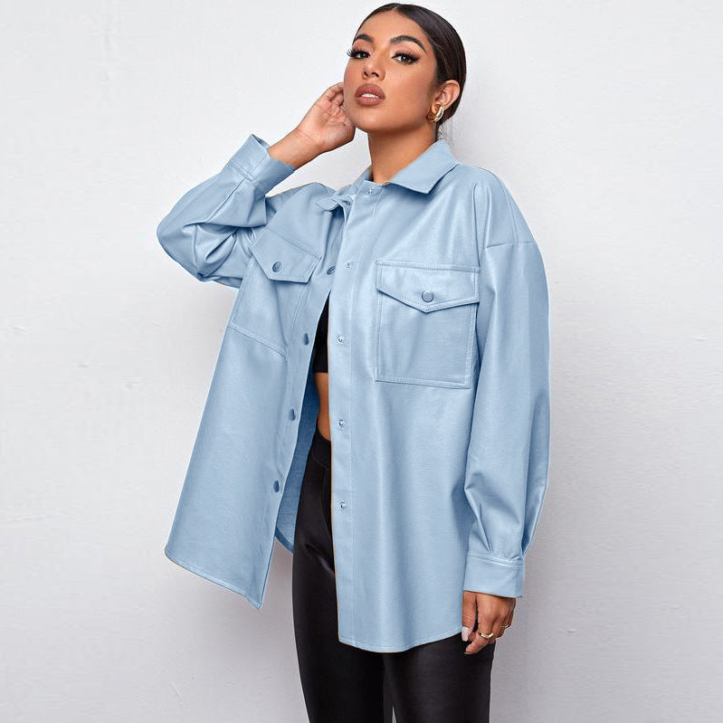 PU Leather Lapel Shirt Coat GPBY 1441