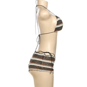 Halterneck Tie side Striped Bikini Three Piece Swimsuit XEF K25S67371