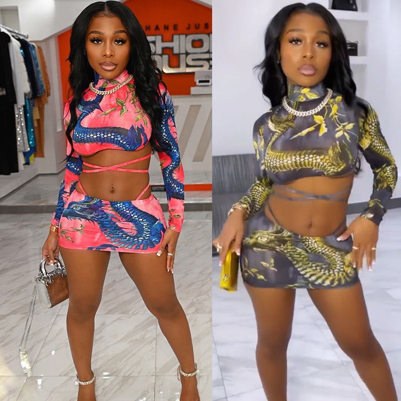 Fashion Sexy Print Long Sleeve Mini Skirt Set GOSD OS6519