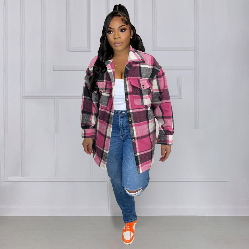 Plus Size Loose Plaid Mauney Long Sleeve Shirt Coat YIM 370