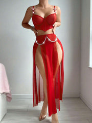 Mesh See Through Split Lingerie Three Piece Skirt Set YQ W874