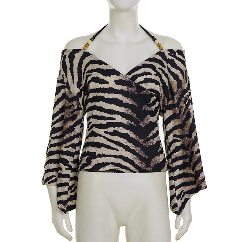 Animal Print Color Blocked Beaded T Shirt GPKJ MR41519