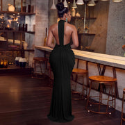 V Neck Halterneck Tie Up Maxi Dress YF 11083