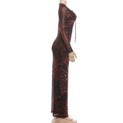 Long Sleeve Print Tie Up Split Maxi Dress XEF K6D13727A