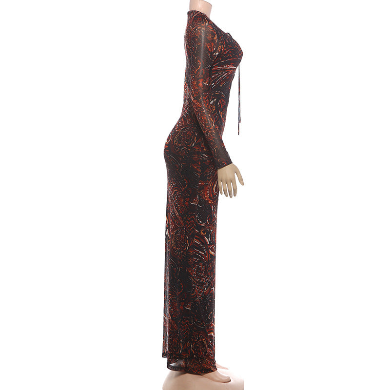 Long Sleeve Print Tie Up Split Maxi Dress XEF K6D13727A