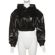 Long Sleeved Hooded Faux Leather Jacket HHMY 5613