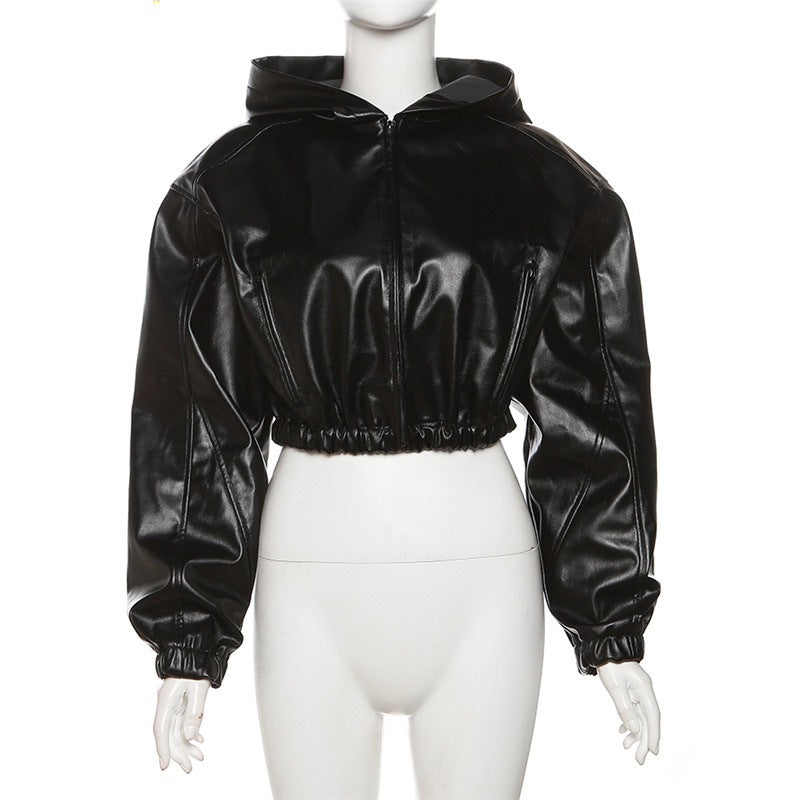 Long Sleeved Hooded Faux Leather Jacket HHMY 5613