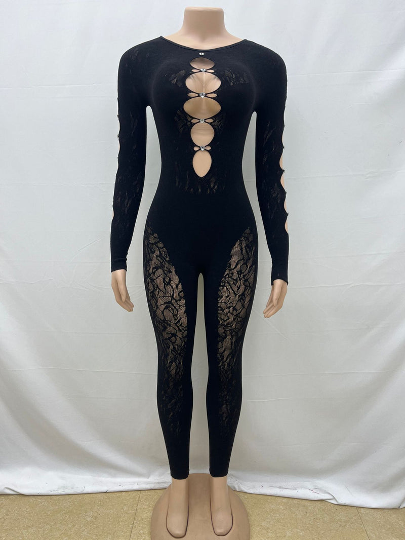 Lace Hollow Out Long Sleeve Knits Jumpsuit GQNF F00005Q