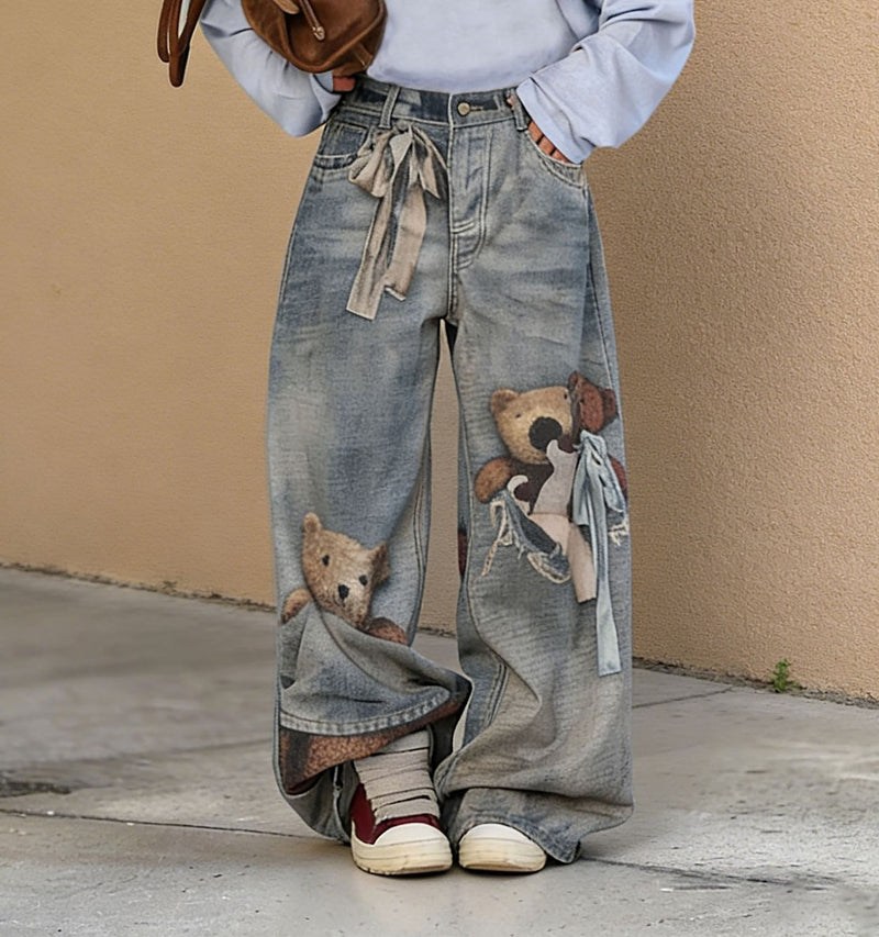 Plus Size Bear 3D Printed Loose Jeans GYLN 6035
