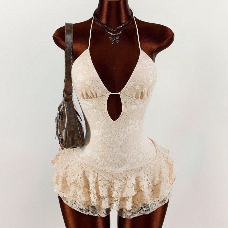 Solid Color Lace Backless Patchwork Romper GXIY K26L2280