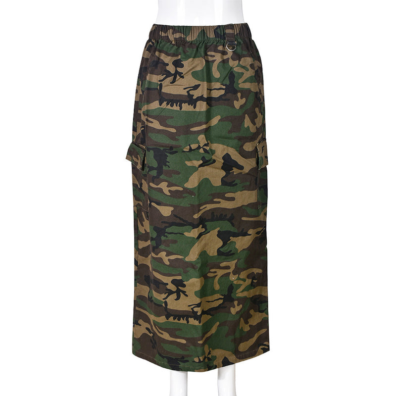 Plus Size Camouflage Printed Washed Long Skirt GNZD 9149DD