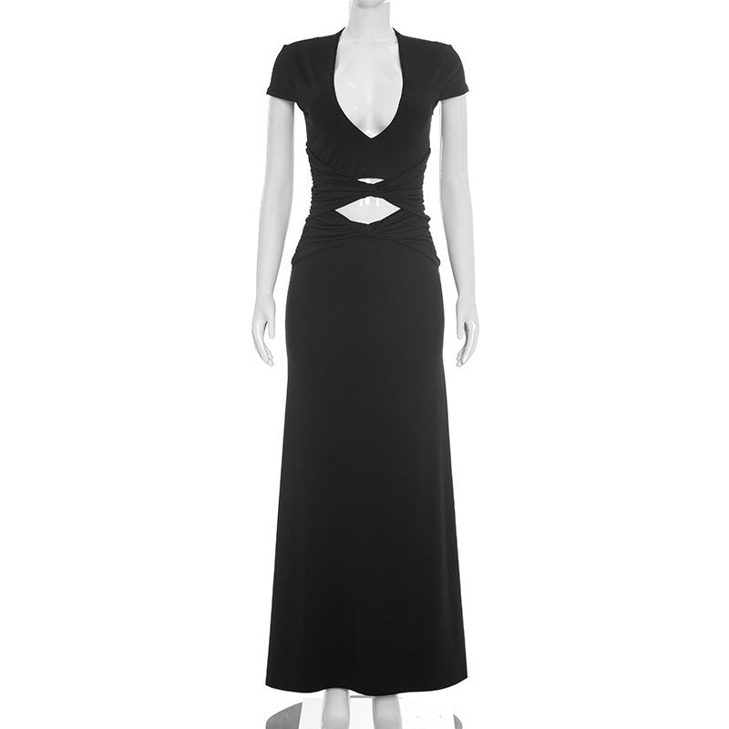 Hollow Out Deep V Neck Maxi Dress GSZM C26DS262