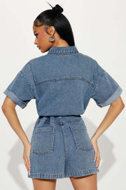 Short Sleeve Loose Washed Denim Romper LX 3573