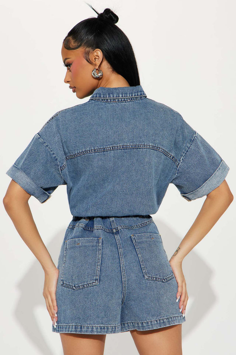 Short Sleeve Loose Washed Denim Romper LX 3573