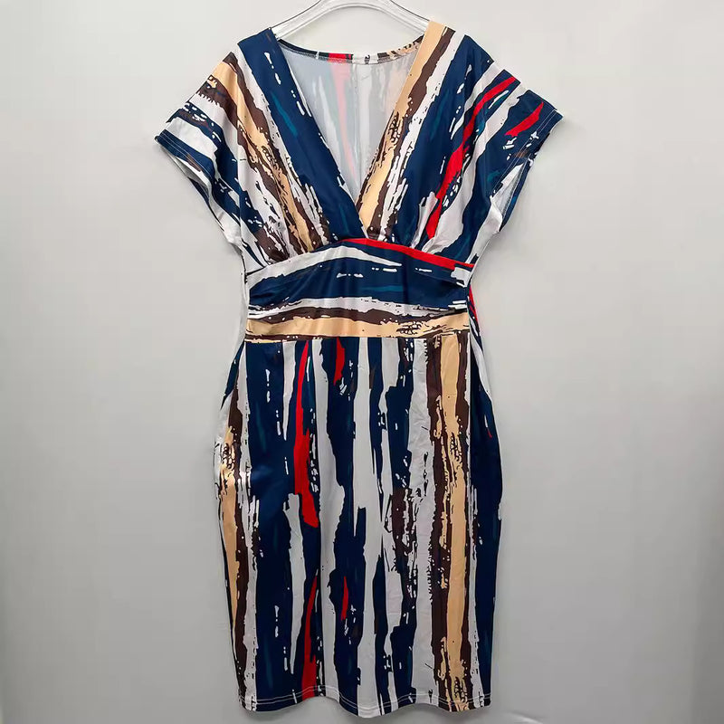 Plus Size Print Deep V Neck Midi Dress QMZF 18612