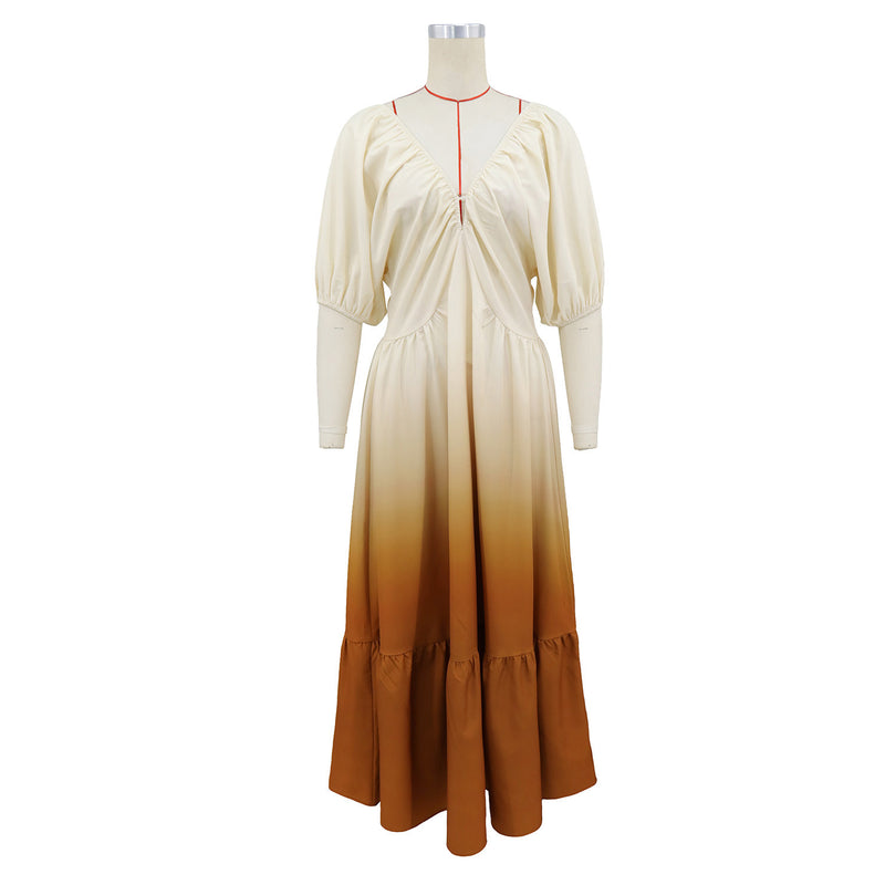 V Neck Puff Sleeve Gradient Color Maxi Dress GYLY 11265