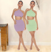 Sexy Solid Halter Crop Top Mini Skirt Two Piece Sets YIBF 6061