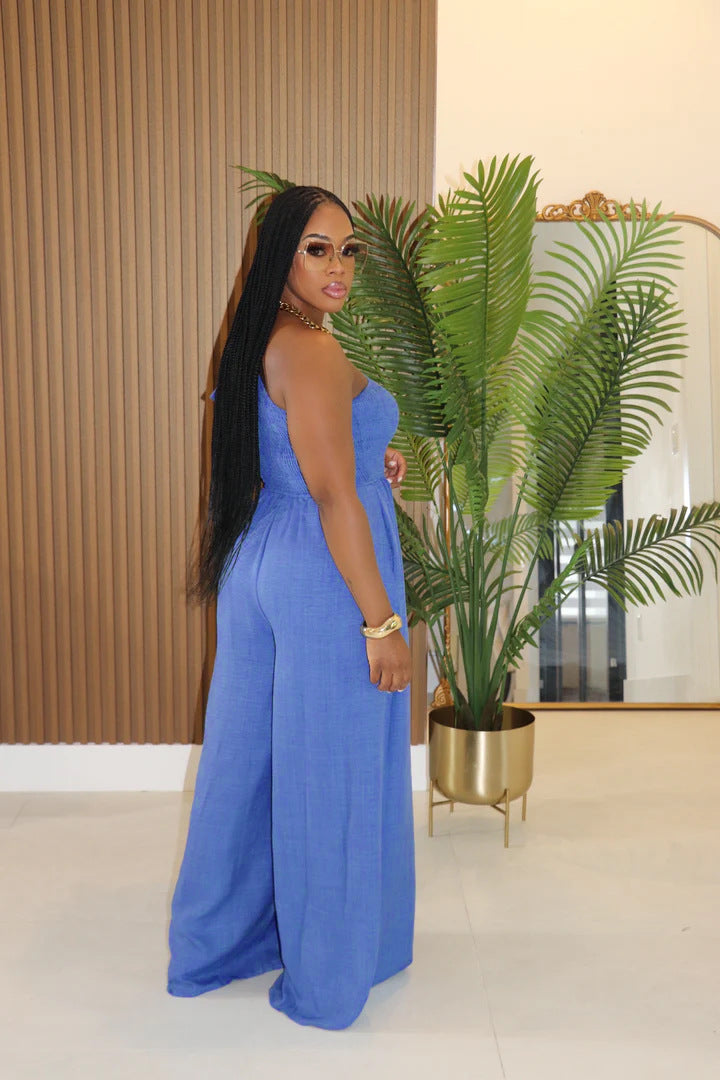 Solid Color Slash Shoulder Loose Jumpsuit XHXF 483