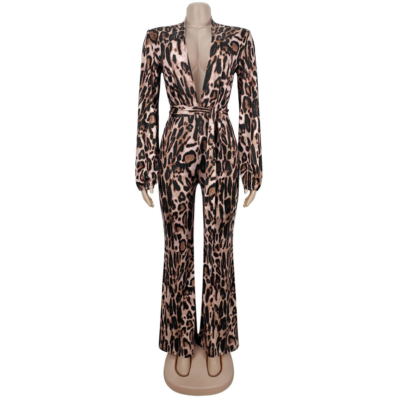 Leopard Print V Neck Jumpsuit BY 7586