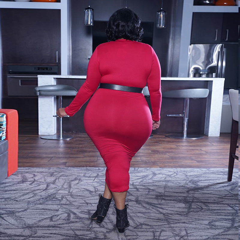 Plus Size 5XL Solid Color Long Sleeve Skinny Bodycon Midi Dress Without Belt OSIF 20972