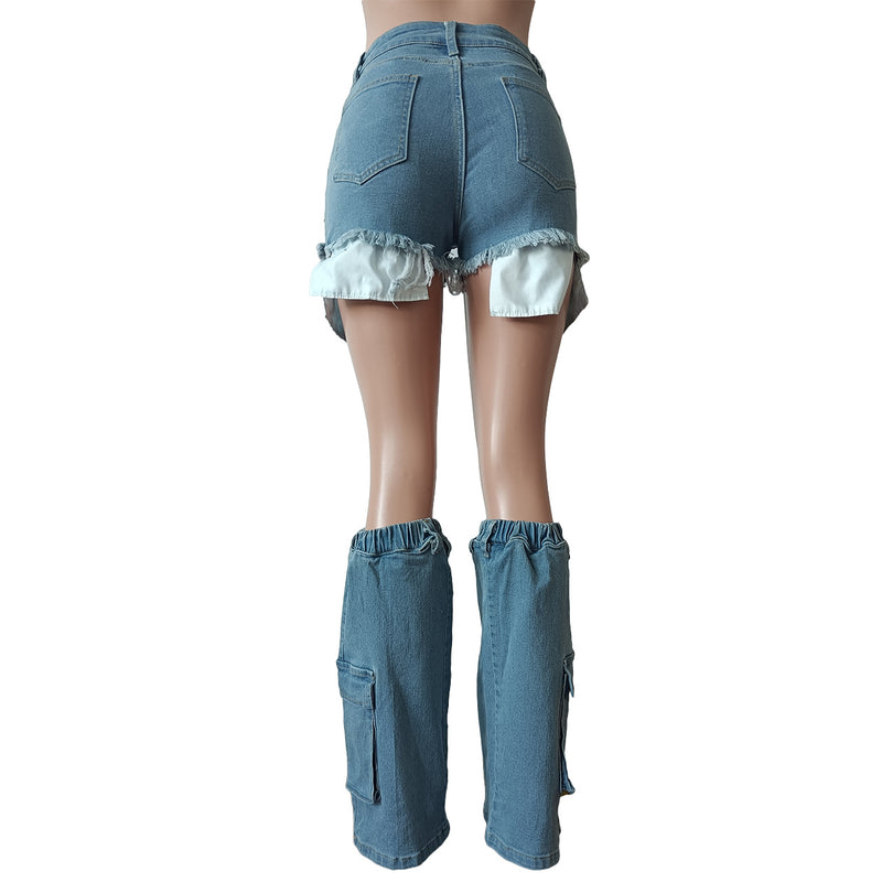 Denim Shorts Calf Sleeve Two Piece Set MEM 88503