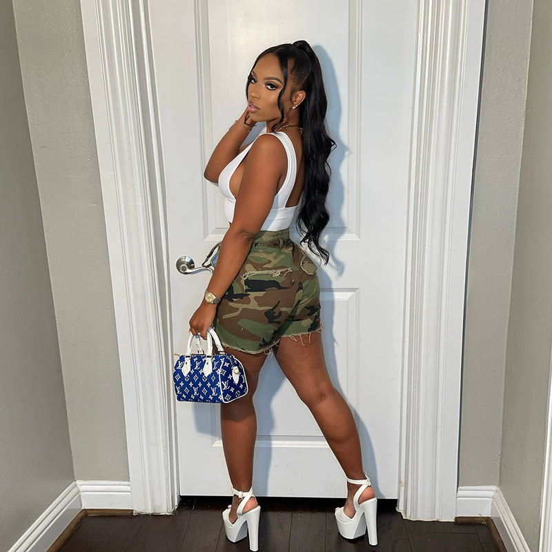 Plus Size Camouflage Print Tassel Short GBTF 6603PL