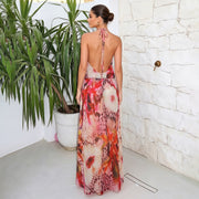 V Neck Print Backless Split Maxi Dress XEF K6D11504A