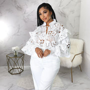 White Lace Hollow Out Lace Up Blouse Top YF 10200