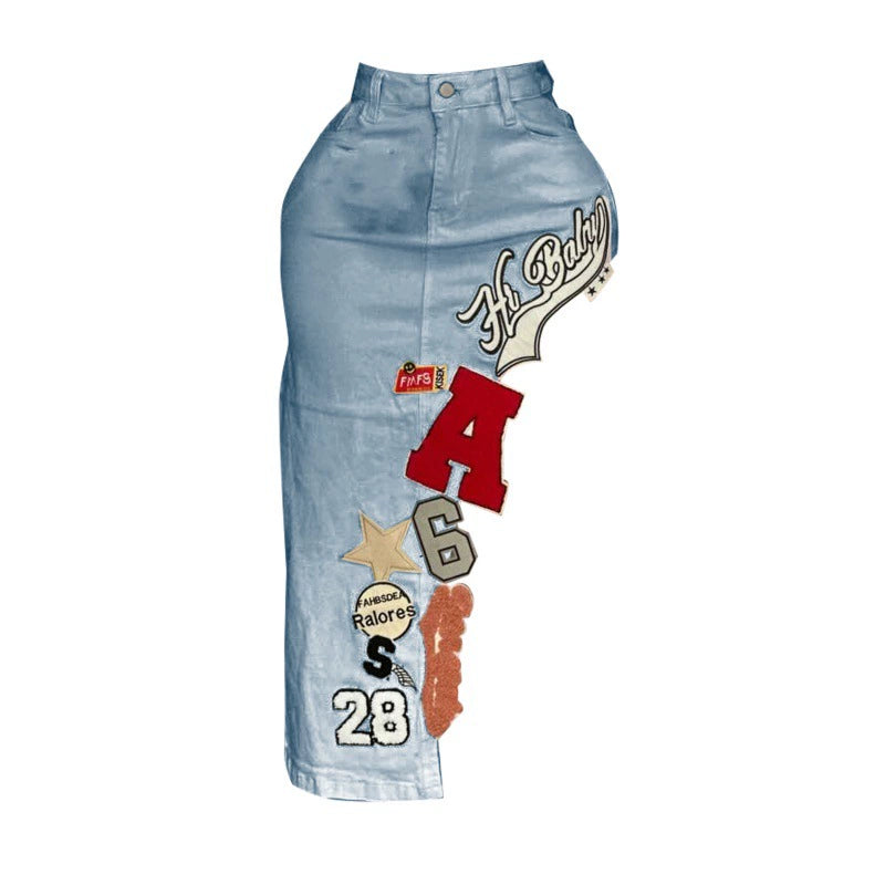 Retro Letter Embroidered Denim Skirt MEM 88657