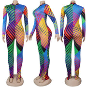 Zipper Print Long Sleeve Jumpsuit Attach Mask FSXF F224