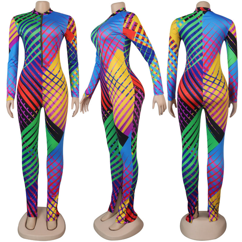 Zipper Print Long Sleeve Jumpsuit Attach Mask FSXF F224