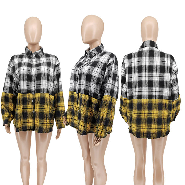 Plaid Casual Patchwork Loose Full Sleeve Blouse WSYF 5911
